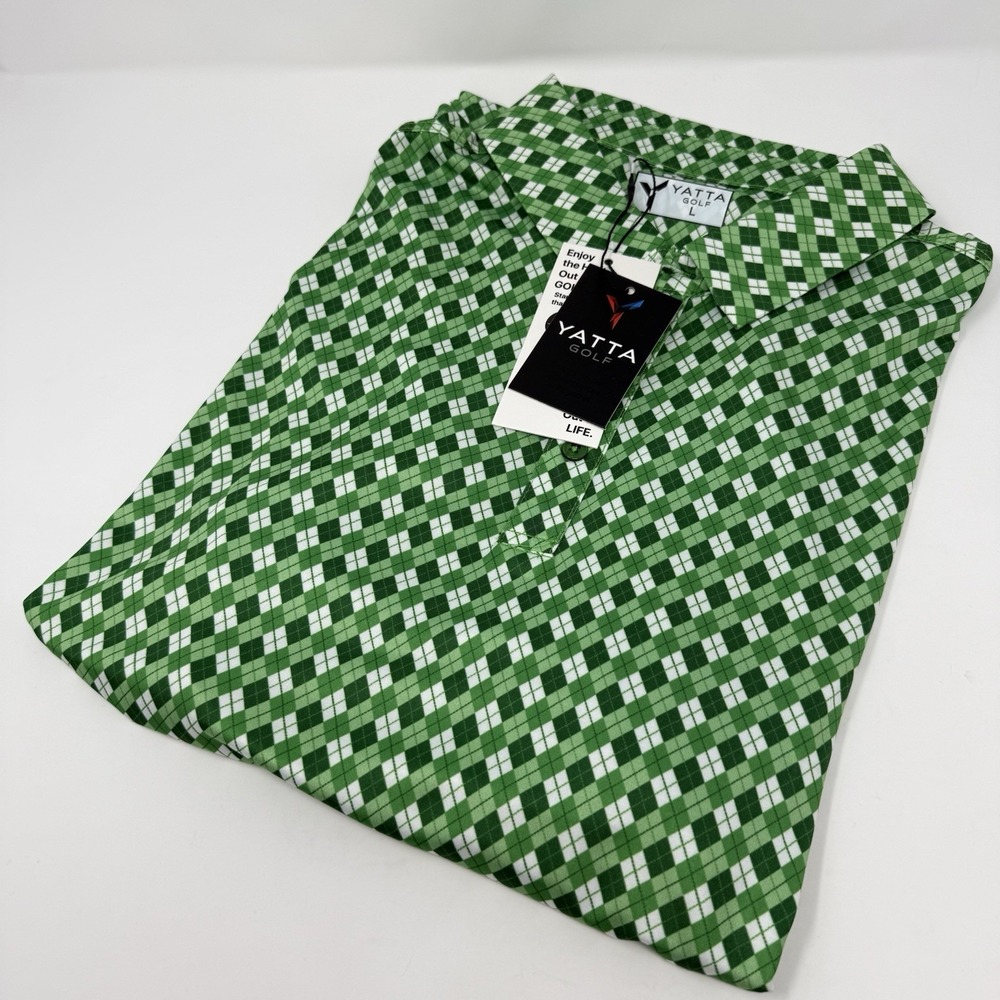 NWT Yatta Golf Polo Shirt Mens L Green Irish Tartan Pickleball Performance